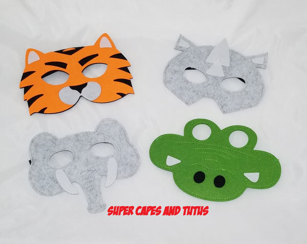 Animal Masks/  Zoo Animal Masks/ Safari Jungle Animal Masks  Kids Felt Masks / Costume Masks / Tiger Felt Masks / Rhino Felt Mask / Crocodile Mask / Elephant Felt Masks