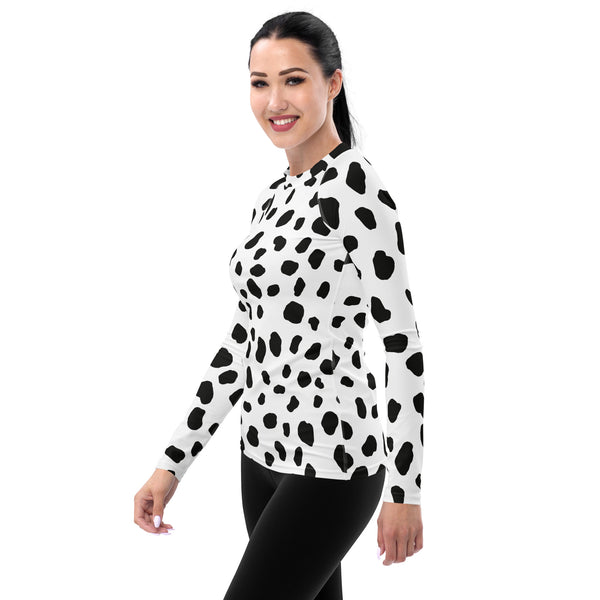 Dalmatian Print Women's Rash Guard/ Dalmatian Costume/ Dalmatian Women's Long Sleeve/ Dalmatian Cosplay Costume/ Animal Print Rash Guard