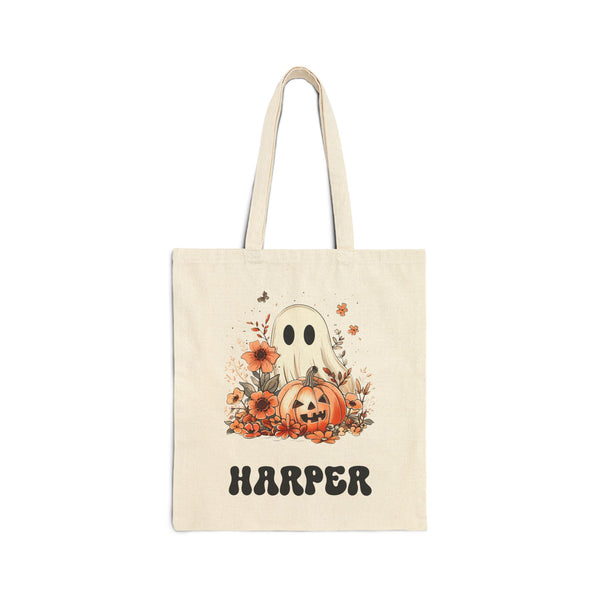 Personalized Ghost with Pumpkin and Flowers Trick or Treat Bag/ Halloween Candy Bag/ Custom Trick or Treat Bag/ Halloween Tote Bag/ Trick or Treat Tote/ Custom Halloween Bag
