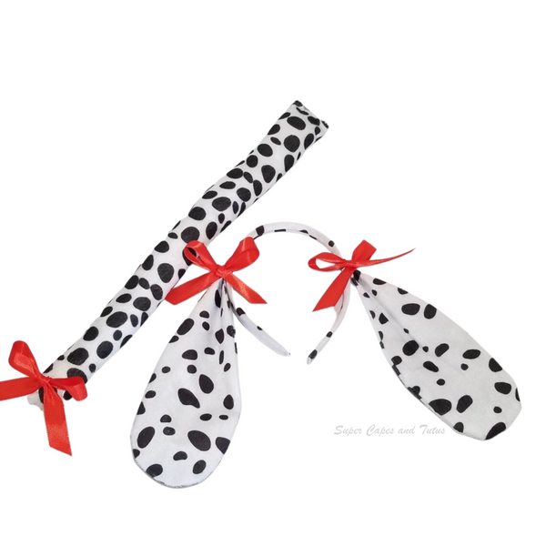 Dalmatian Tail and Ears Headband with Bows (Spotted Fabric) - Dalmatian Birthday - Dalmatian Costume - Dalmatian Tail - Dalmatian Headband Ears - Dog Ears Headband - Dog Tail - Dress Up - Halloween Costume - Dalmatian Birthday Party