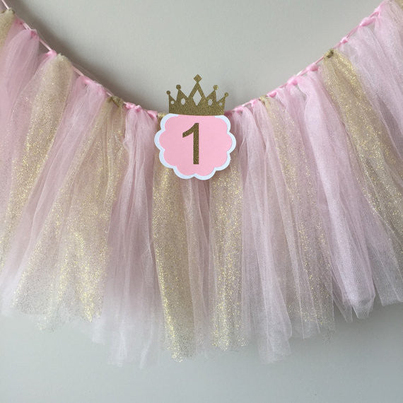 Pink and Gold Tulle with ONE High Chair Birthday Banner - Super Capes and Tutus, Birthday Party Banners, [product_tags], Super Capes and Tutus