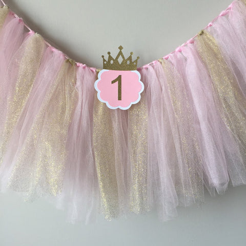 Pink and Gold Tulle with ONE High Chair Birthday Banner - Super Capes and Tutus, Birthday Party Banners, [product_tags], Super Capes and Tutus