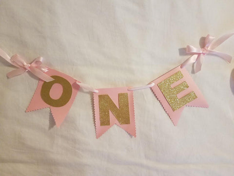 Pink and Gold with Scallop Edge ONE High Chair Birthday Banner - Super Capes and Tutus, Birthday Party Banners, [product_tags], Super Capes and Tutus