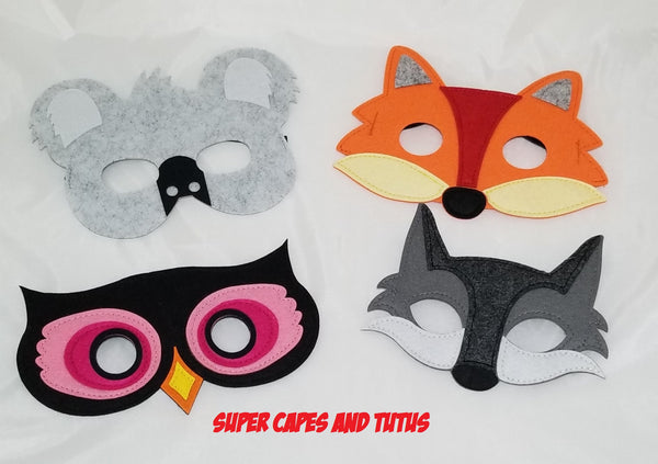 Animal Masks/  Zoo Animal Masks/ Safari Jungle Animal Masks / Koala Felt Masks / Fox Felt Masks / Owl Felt Masks / Wolf Felt Masks / Costume Masks / Kids Felt Masks / Adults Felt Masks / Party Favors