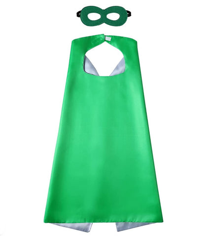 Superhero Cape with Mask Plain Reversible Green and Silver with Mask