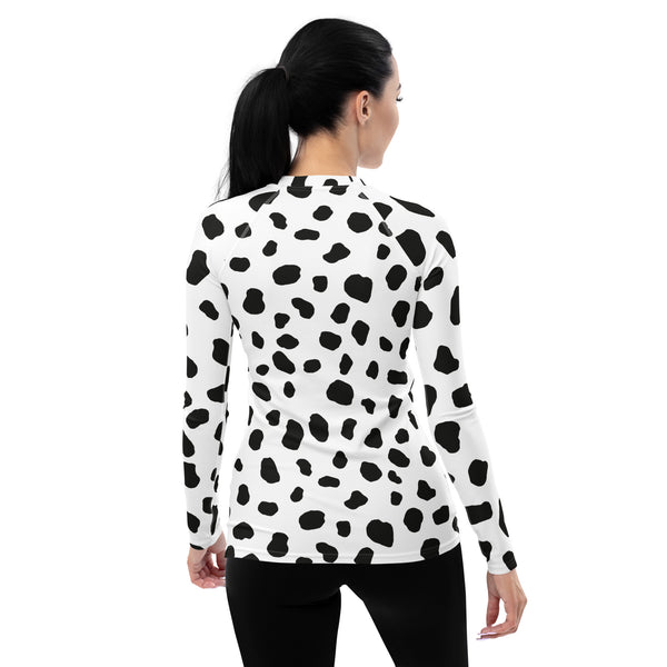 Dalmatian Print Women's Rash Guard/ Dalmatian Costume/ Dalmatian Women's Long Sleeve/ Dalmatian Cosplay Costume/ Animal Print Rash Guard