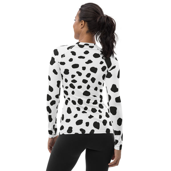 Dalmatian Print Women's Rash Guard/ Dalmatian Costume/ Dalmatian Women's Long Sleeve/ Dalmatian Cosplay Costume/ Animal Print Rash Guard