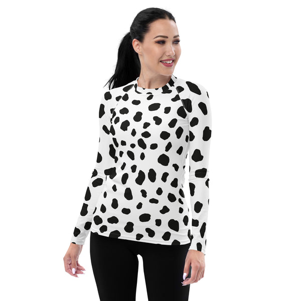 Dalmatian Print Women's Rash Guard/ Dalmatian Costume/ Dalmatian Women's Long Sleeve/ Dalmatian Cosplay Costume/ Animal Print Rash Guard