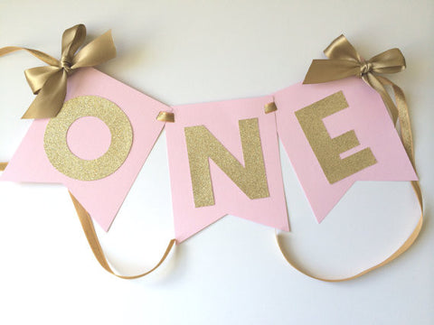 Pink and Gold ONE High Chair Birthday Banner - Super Capes and Tutus, Birthday Party Banners, [product_tags], Super Capes and Tutus